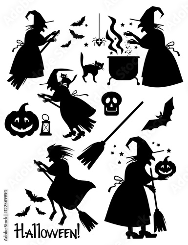 Halloween set with witches, skull, pumpkin, cat, broom silhouettes. Vector clip art.
