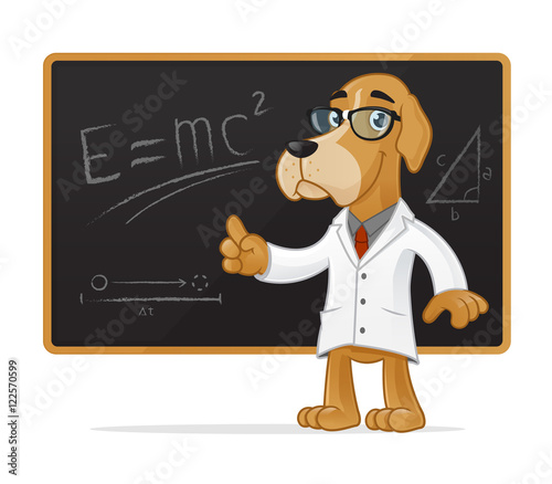 Happy dog scientist mascot standing in front of blackboard with formulas.