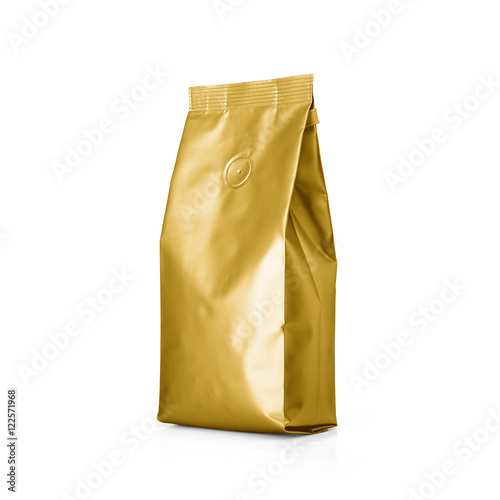 Gold Foil plastic paper bag isolated on white background. Packaging template mockup collection. With clipping Path included. Aluminium coffee package.