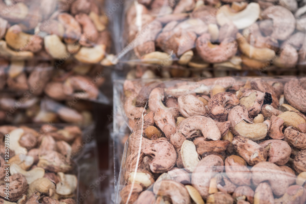 baked cashew nuts packed in plastic wrap