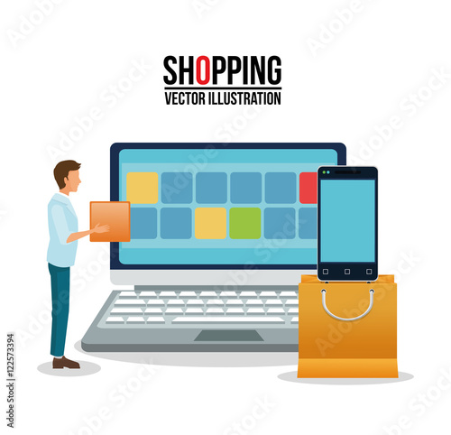 Smartphone laptop avatar cubes and shopping bag icon. Shopping commerce market theme. Isolated and colorful design. Vector illustration