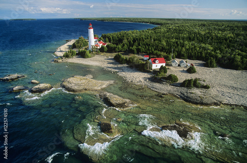 Aerial of cove island lighthouse on Bruce Peninsula, ontario, Canada. photo