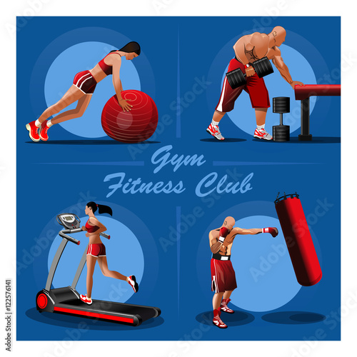 People trained in the gym. Girl with red fitness ball. Muscular Bodybuilder with dumbbells. Fighter training with a punching bag. Girl on the treadmill. Vector illustration for gyms, fitness centers