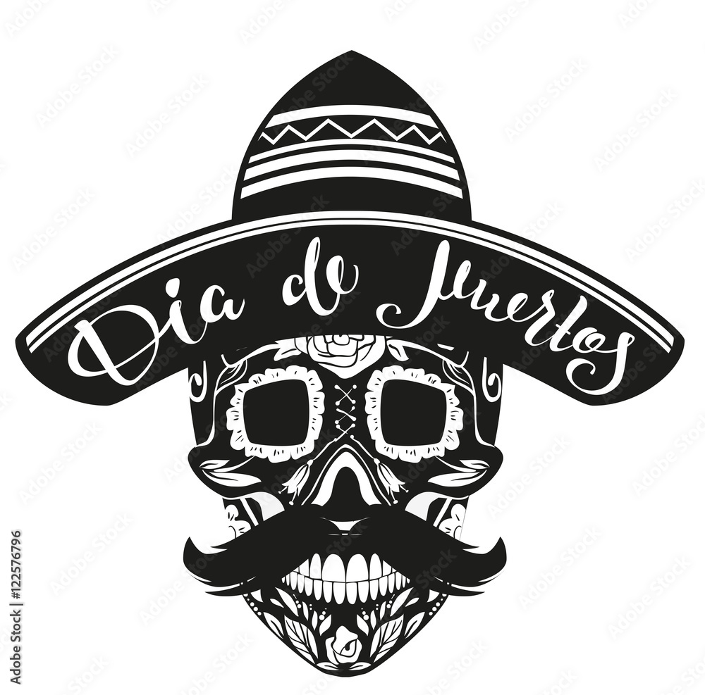 Dia de Muertos Day of Dead. Black Skull in Mexican Hat