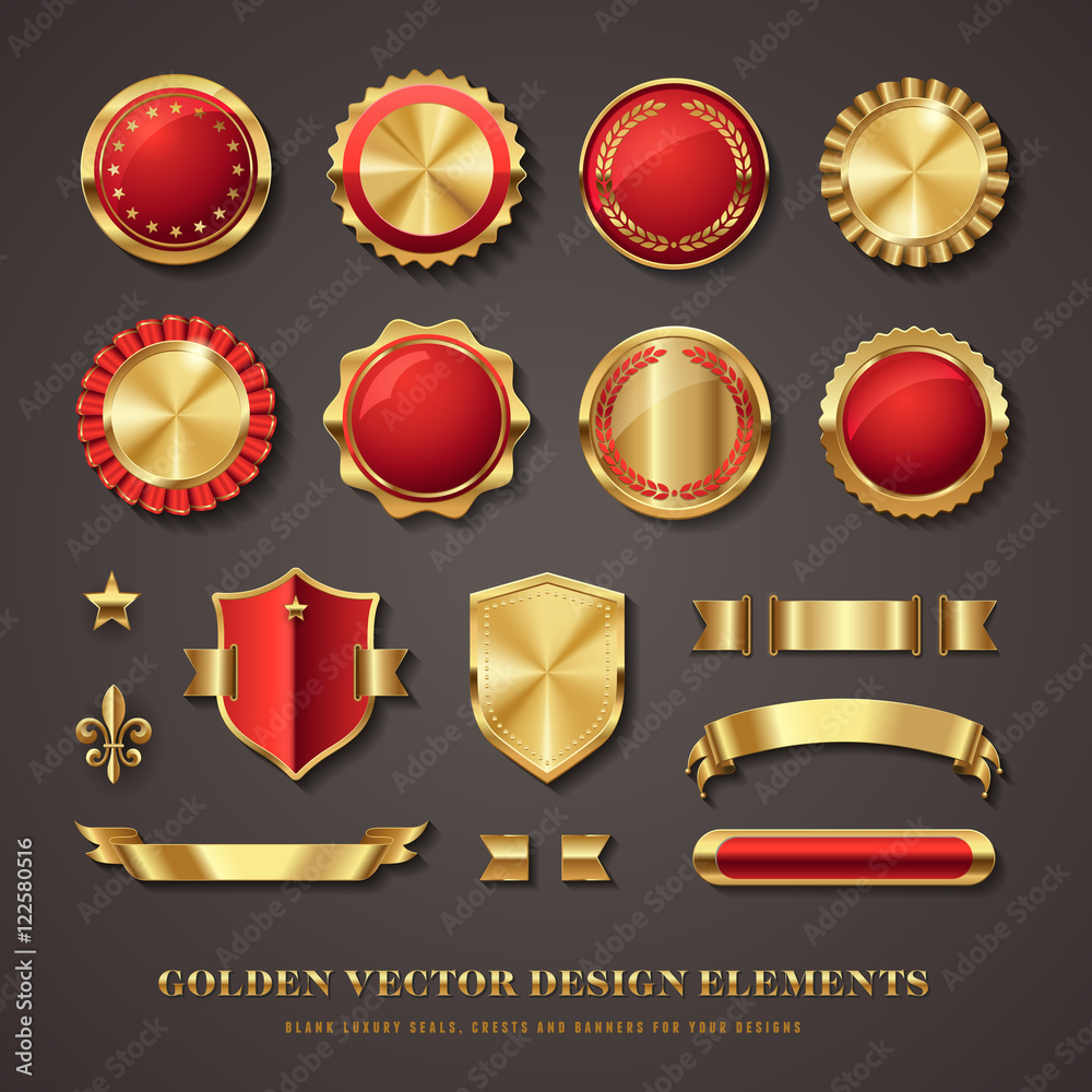 collection of elegant red and golden vector design elements - seals, labels, medals, crests, banners, star and fleur de lis collection of elegant red and golden vector design elements - seals, labels, medals, crests, banners, star and fleur de lis