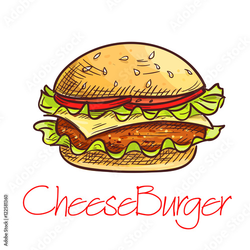 Fast food cheeseburger sketch for cafe menu design