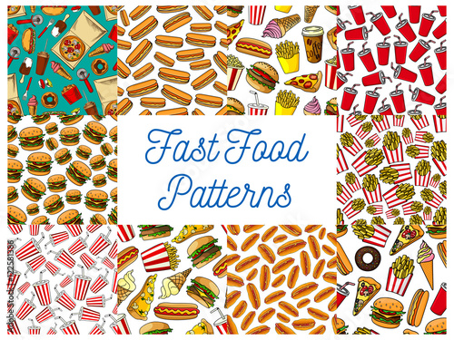 Fast food menu seamless patterns set