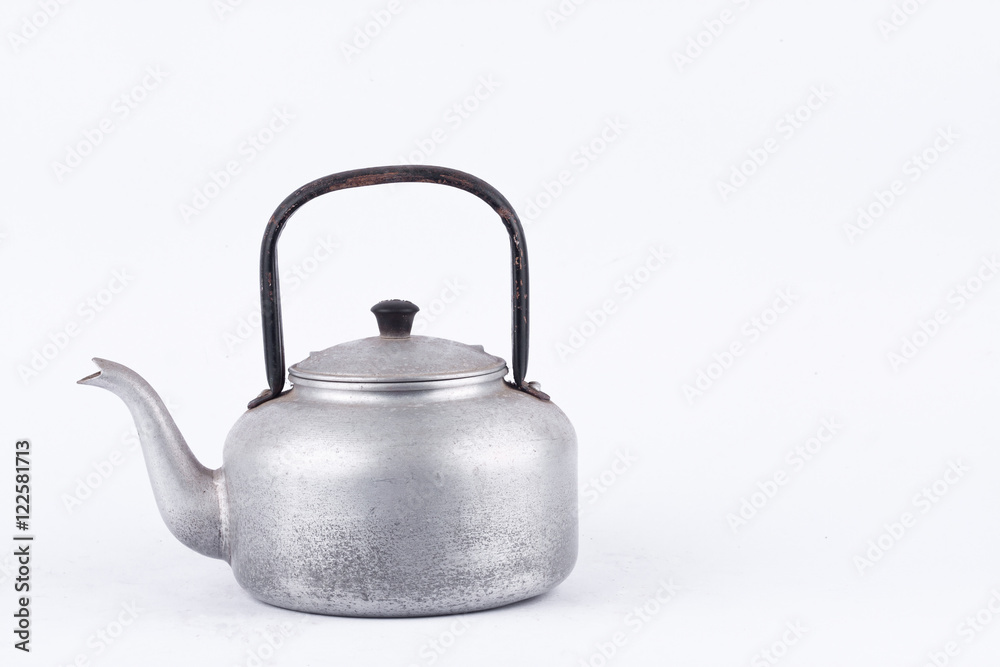 old vintage retro Kettle on white background drink isolated . Which, kettle made of aluminum.

