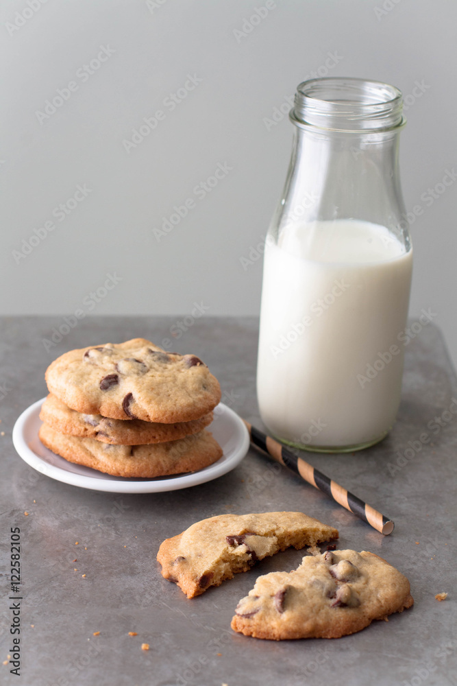 Chocolate chip cookies and a bottle of milk Chocolate chip cookies and a bottle of milk