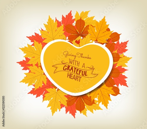 Happy Thanksgiving sticker, heart shape label beautiful maple leaves