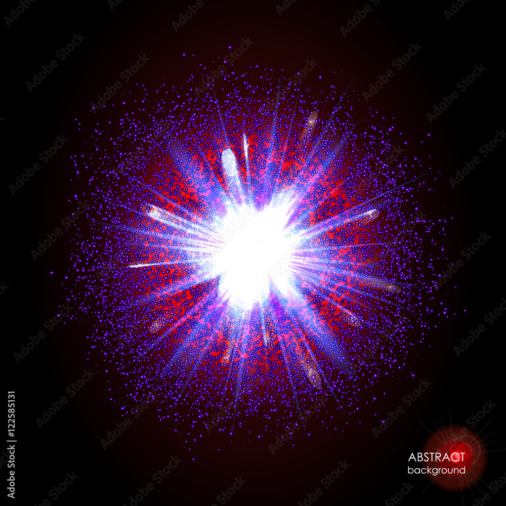 Vektorová grafika „Explosion of supernova. Bright cosmic red purple fire  background. Glowing space. Bundle of energy. Cloud of dust and light on  black. Abstract composition. Fireworks, holiday. Vector illustration EPS10“  ze služby