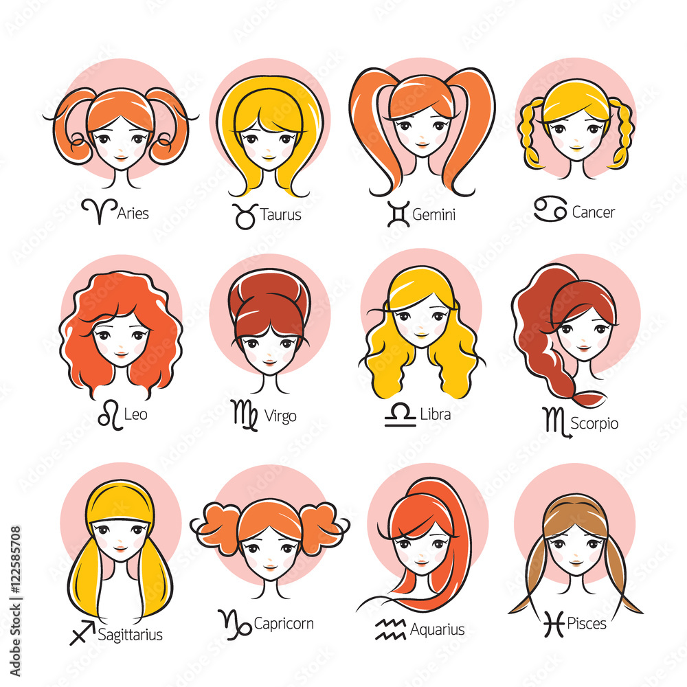 Woman With Twelve Zodiac Signs Icons Set, Astrological, Constellation,  Beauty, Hairstyle, Salon, Fortunetelling, Lifestyle Stock Vector | Adobe  Stock