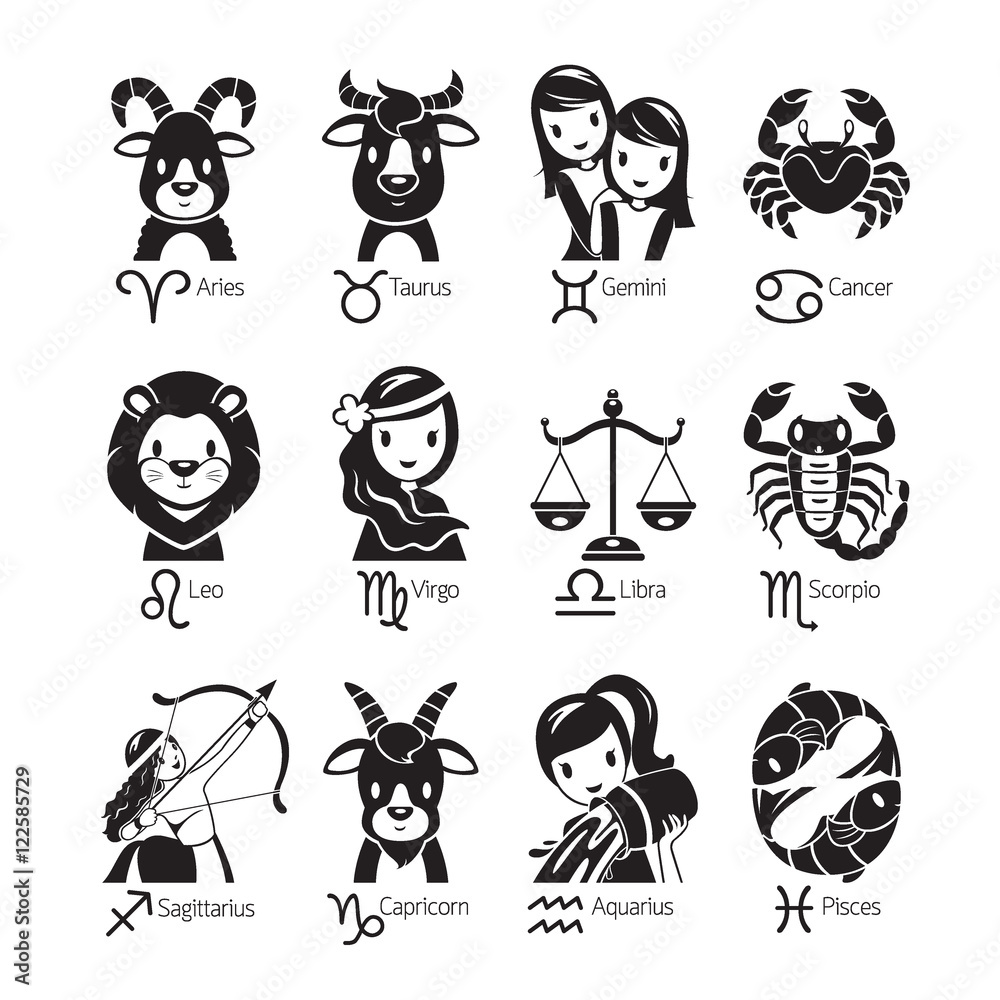Zodiac Signs Icons Set, Monochrome, Astrological, Constellation, Western,  Fortunetelling, Animal Stock Vector | Adobe Stock