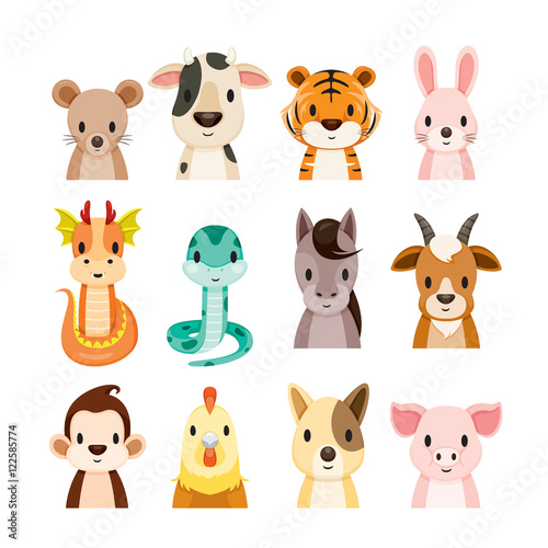 Twelve Animals Chinese Zodiac Signs Icons Set, Horoscope, Astrological, Constellation, Eastern, Fortunetelling