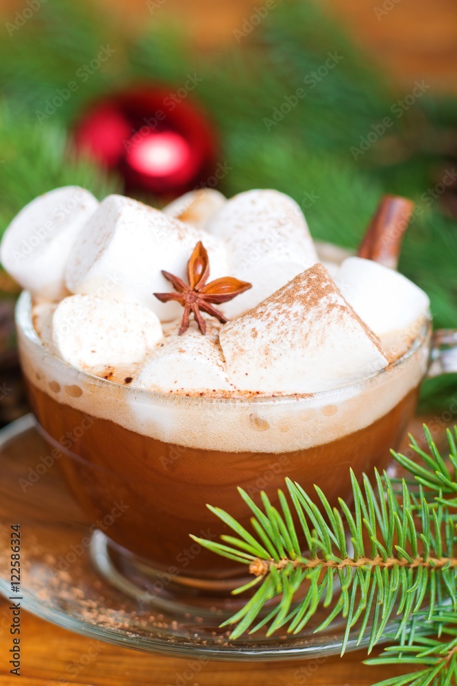 cup of hot cocoa with marshmallows on a Christmas background