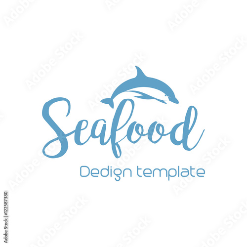 Seafood lettering design with dolphin isolated on white. Vector illustration