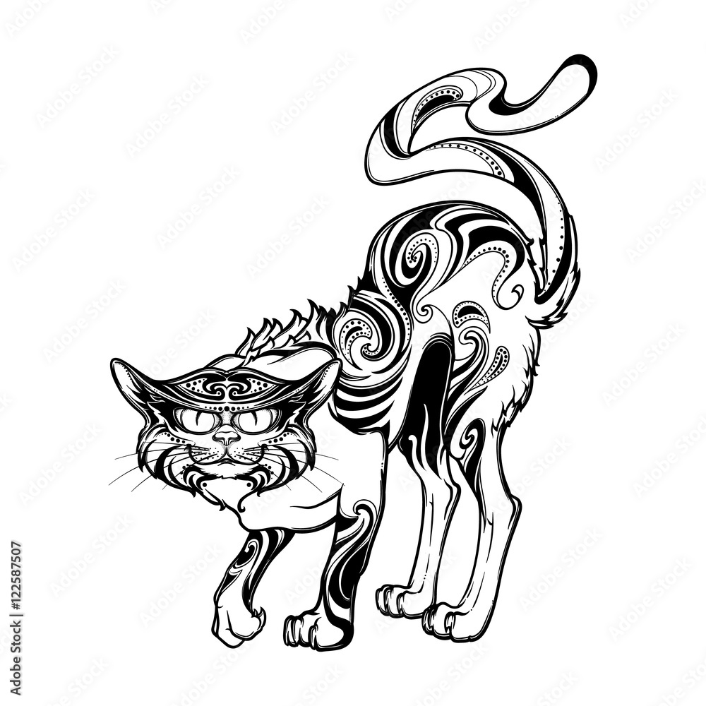 Black ornamented cat on white background Black ornamented cat on white background
