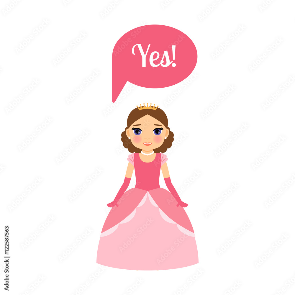 Cute cartoon princess with speech bubble Yes for game design. Vector illustration Cute cartoon princess with speech bubble Yes for game design. Vector illustration