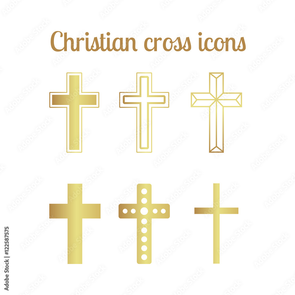 Golden christian cross icons isolated set. Vector illustration