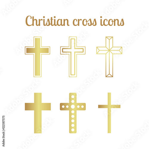 Golden christian cross icons isolated set. Vector illustration