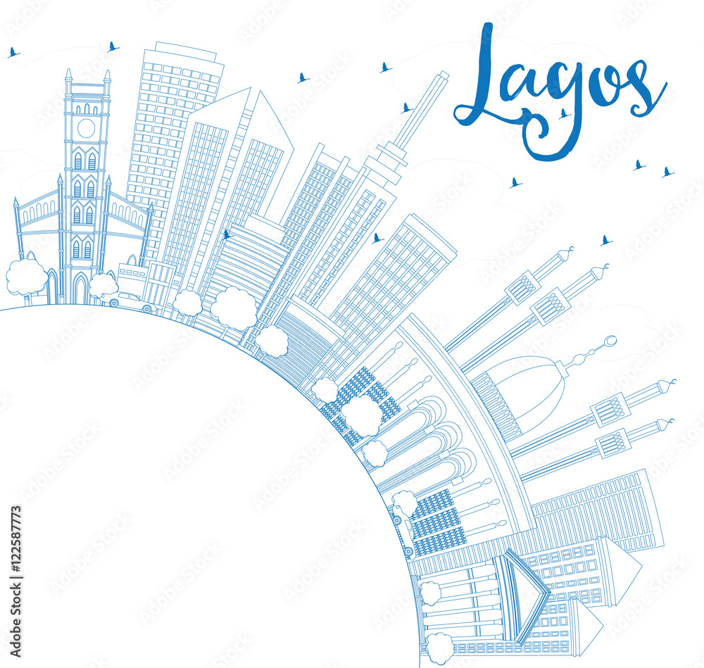 Outline Lagos Skyline with Blue Buildings and Copy Space.