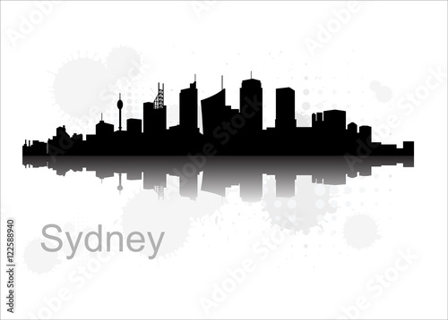 Sydney city skyline vector flat design monochrome illustration, black silhouette