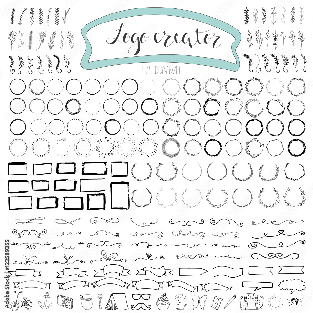 Fototapeta premium Handdrawn logo elements with arrows, ribbons, laurels, badges, squares, circles. Design your own perfect logo. Logo design isolated on background and easy to use. Vector illustration
