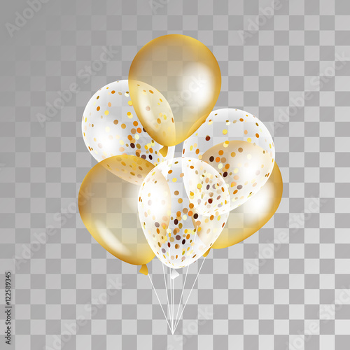 Gold transparent balloons on background.