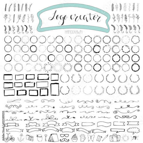 Handdrawn logo elements with arrows, ribbons, laurels, badges, squares, circles. Design your own perfect logo. Logo design isolated on background and easy to use. Vector illustration