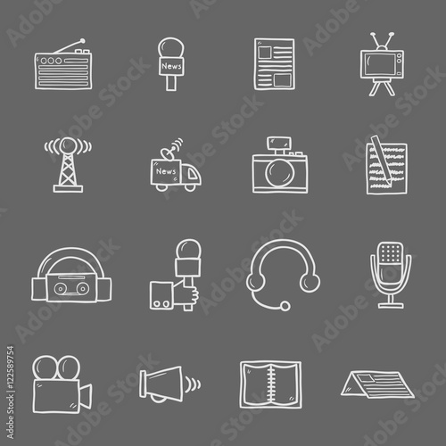 Vector cartoon hand drawn journalism icons illustration