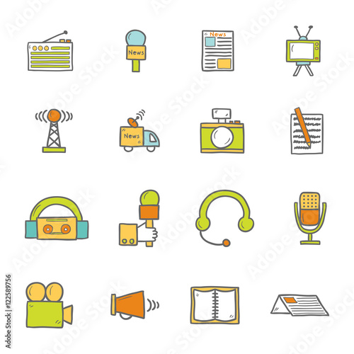 Vector cartoon hand drawn journalism icons illustration