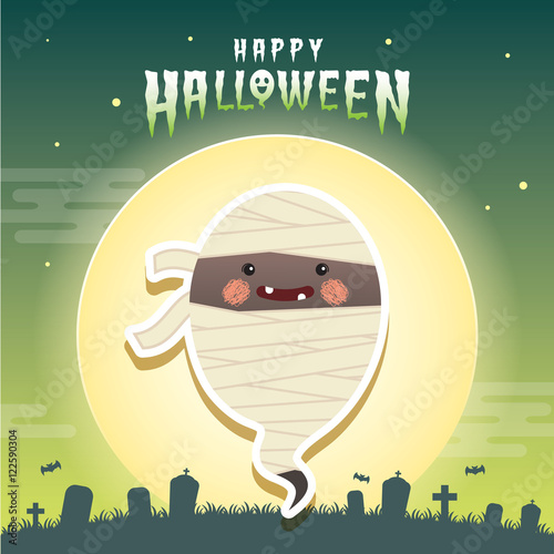 Happy halloween vector illustration. Cute ghost with mummy cosplay and cemetery. Halloween cartoon character design.