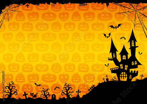 ハロウィン：城のそびえる背景（オレンジ）横2