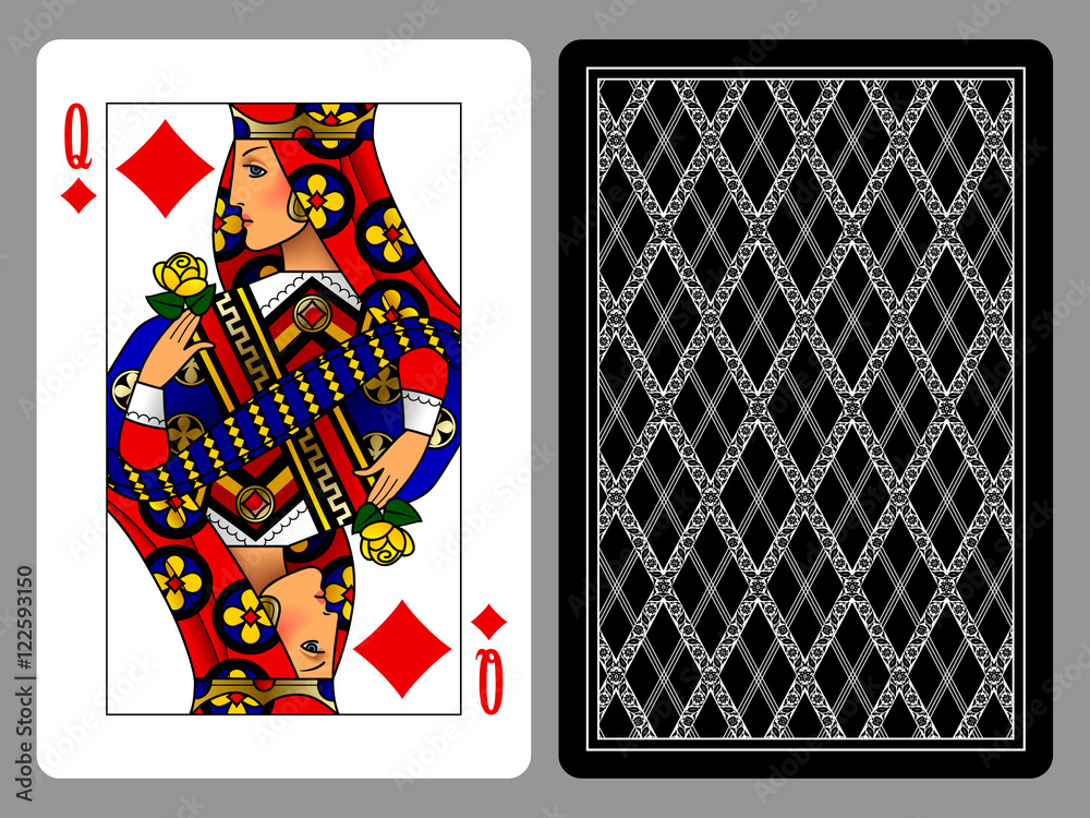Queen of Diamonds playing card and the backside background Stock Vector