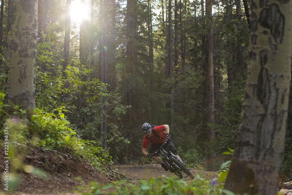 A mountain biker rides the highline trail in Canmore, AB A mountain biker rides the highline trail in Canmore, AB