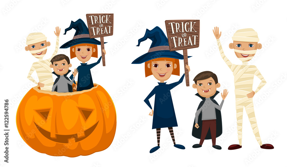 Kids in Halloween costumes mummies, vampire and witches are sitting in a pumpkin with sign Trick or Treat. Kids in Halloween festive design concept. Beggars Night october holiday. All Hallows Evening. Kids in Halloween costumes mummies, vampire and witches are sitting in a pumpkin with sign Trick or Treat. Kids in Halloween festive design concept. Beggars Night october holiday. All Hallows Evening.