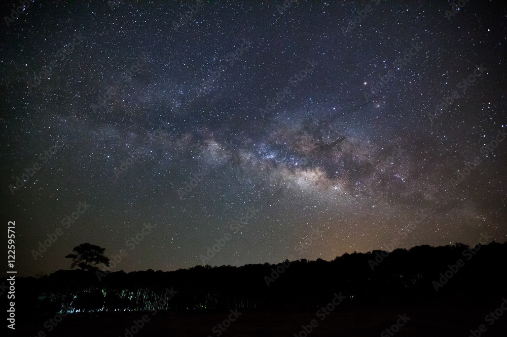 Milky Way Galaxy and Silhouette of Tree with cloud.Long exposure Milky Way Galaxy and Silhouette of Tree with cloud.Long exposure