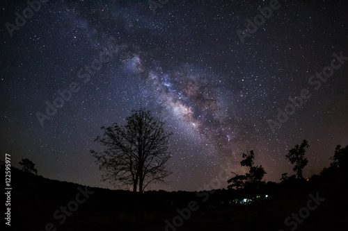 Milky Way Galaxy and Silhouette of Tree with cloud.Long exposure