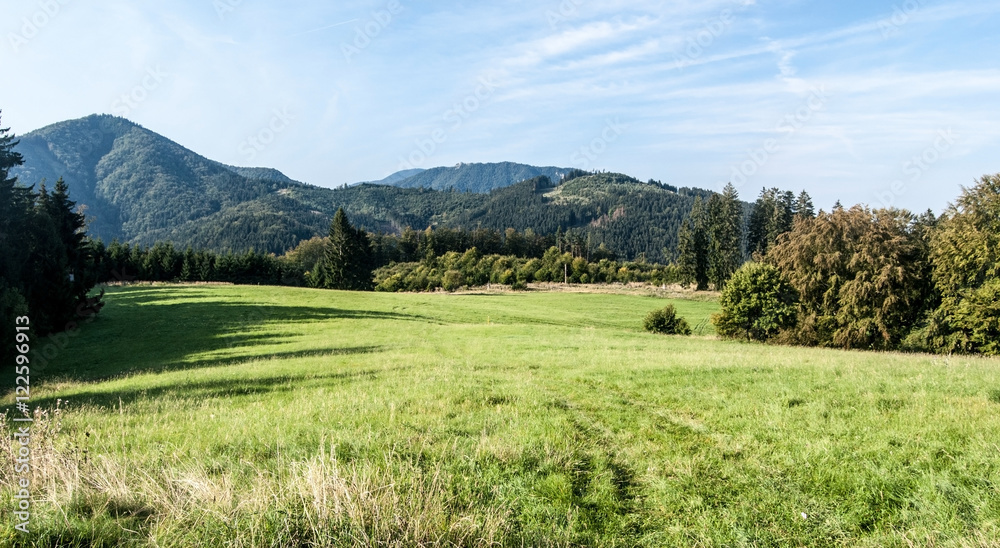 mountain meadow with hills on the background and blue sky in Velka Fatra mountains in Slovakia