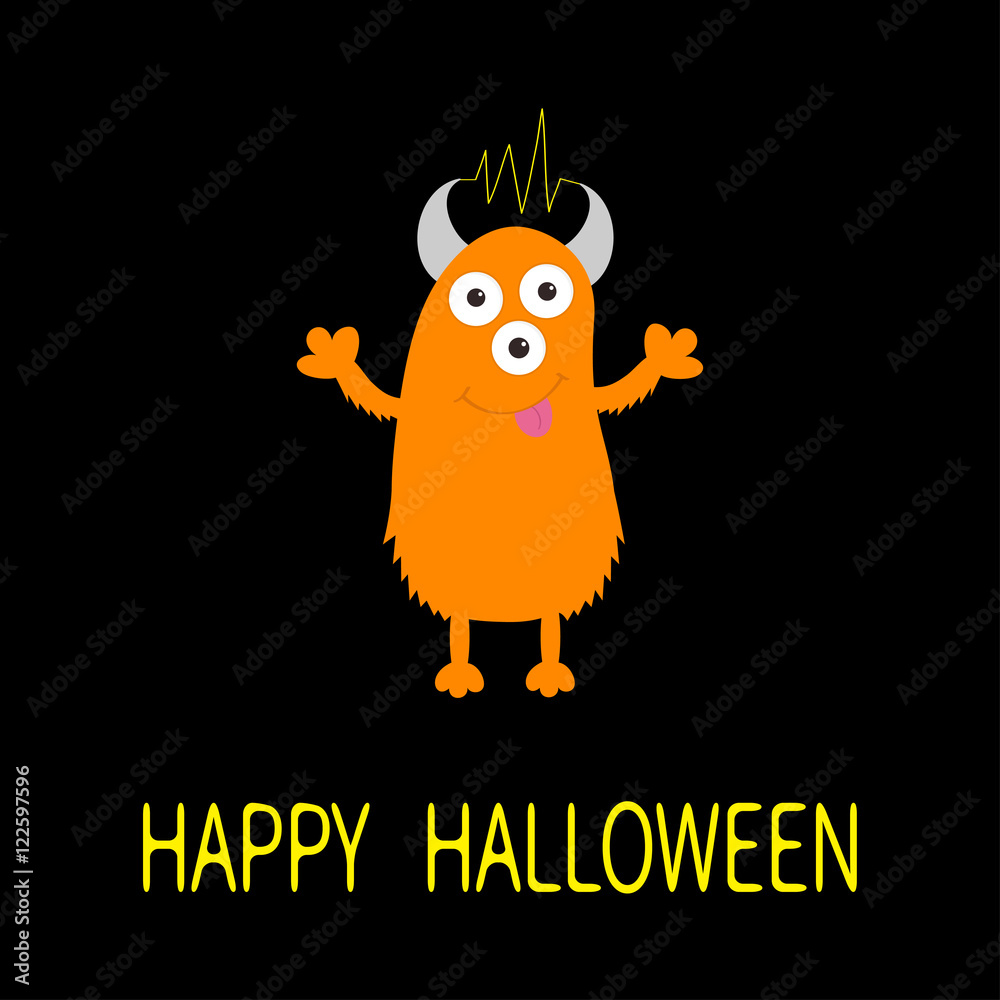 Happy Halloween card. Orange monster with eyes, horns, tongue, electricity  line. Funny Cute cartoon character. Baby collection. Flat design. Black  background. Stock Vector | Adobe Stock