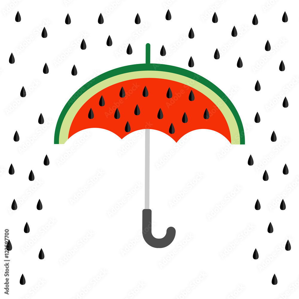 Big watermelon slice cut with seed. Umbrella and rain. Flat design icon Summer autumn fall time. Isolated. White background Big watermelon slice cut with seed. Umbrella and rain. Flat design icon Summer autumn fall time. Isolated. White background