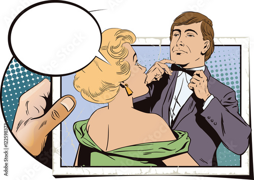 Proud guy adjusting his bow-tie. Girl terrified by this.