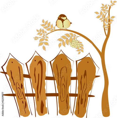 Autumn drawing, bird sitting on a tree Rowan. EPS10 vector illustration