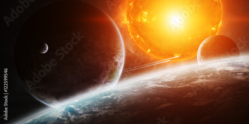 Fototapeta Naklejka Na Ścianę i Meble -  Exploding sun in space close to planet