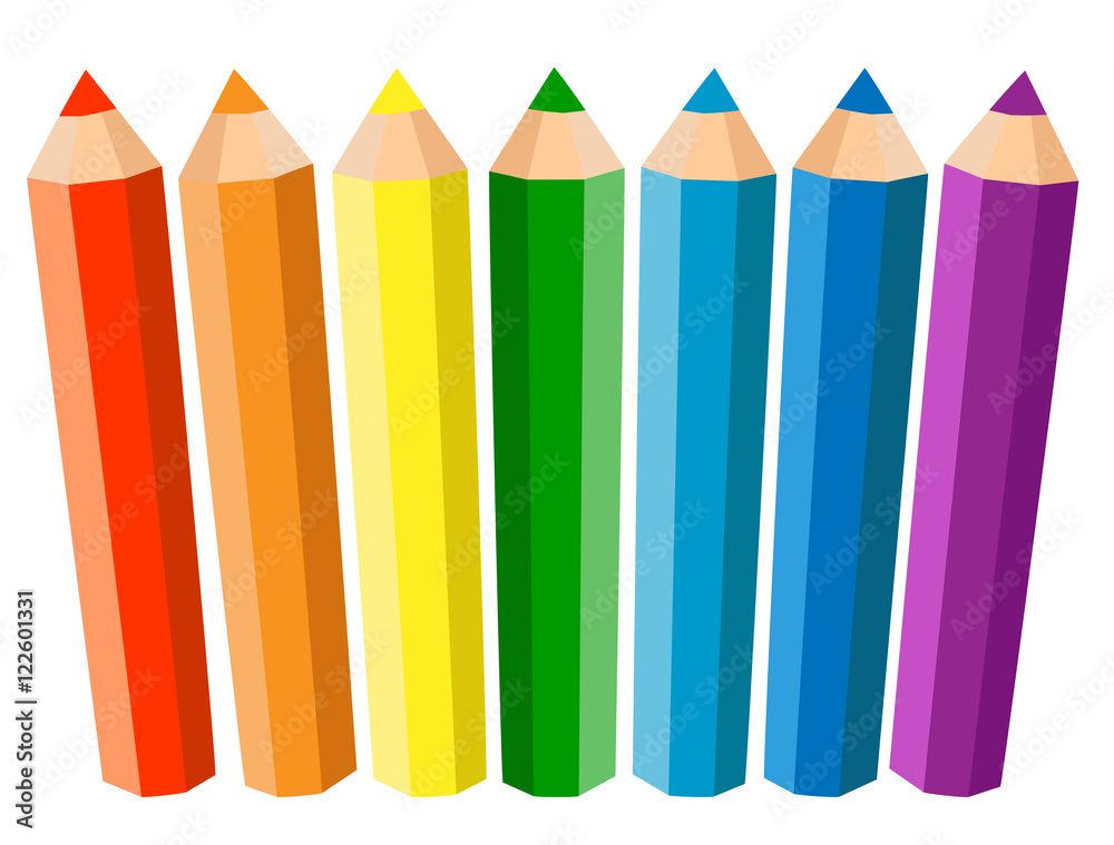 Set Of Seven Colored Pencils On White Background. Vector illustration.