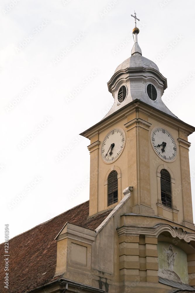 Church Tower showing Clock and Jesus
