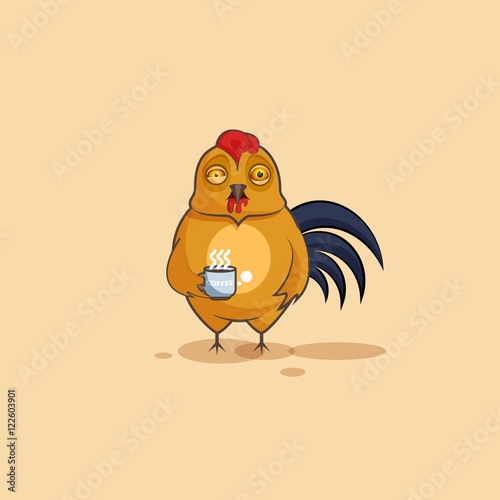 Emoji character cartoon Cock nervous with cup of coffee