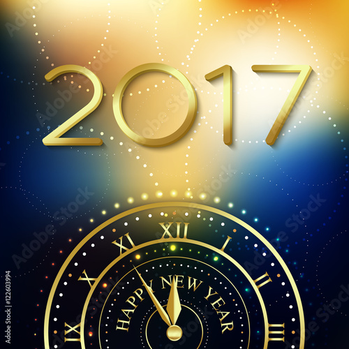 2017 Happy New Year background with gold clock for poster, banner, placard. Fulfillment of desires. Vector illustration eps 10 format.