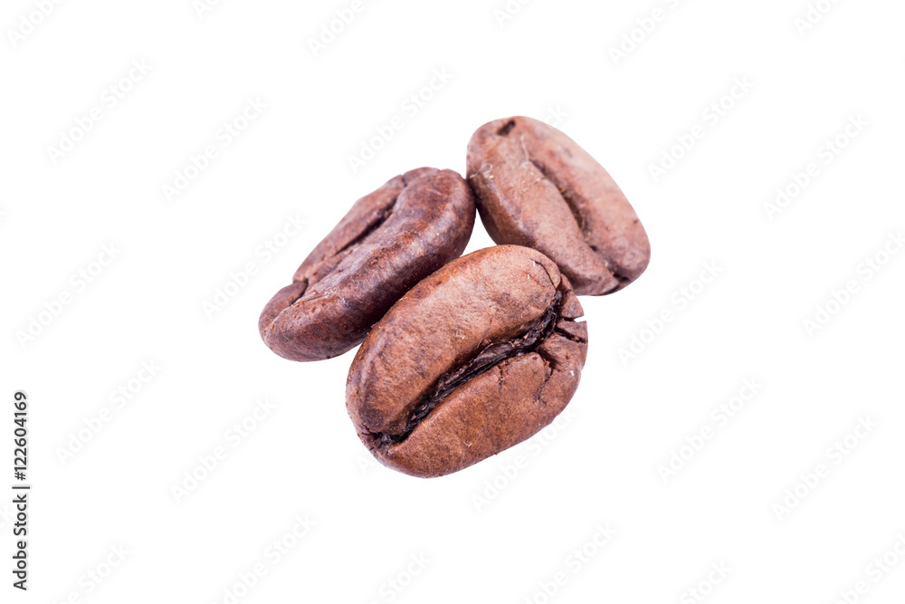 Three roasted coffee beans isolated on white background Three roasted coffee beans isolated on white background