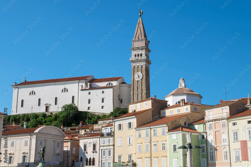 Church of St. George in Piran surrounded by mediterranean houses